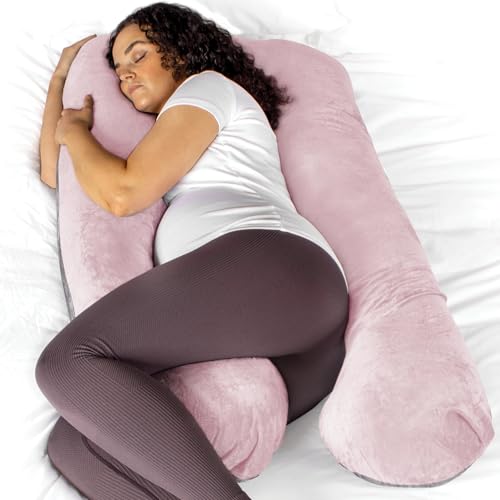 Aamira Pink & Dark Grey Two-tone Pregnancy Pillow, U Shaped Shredded Memory Foam Maternity Pillow, Full Body Support Pregnancy Pillows for Sleeping, Machine Washable & Removable Velvet Cover
