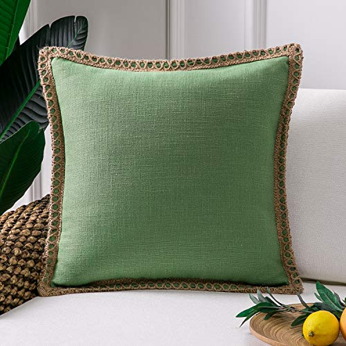 Phantoscope Farmhouse Solid Throw Decorative Pillow Cover Christmas Burlap Linen Pillow Cover Trimmed Tailored Edges Outdoor Pillow Green 18 x 18 inches, 45 x 45 cm