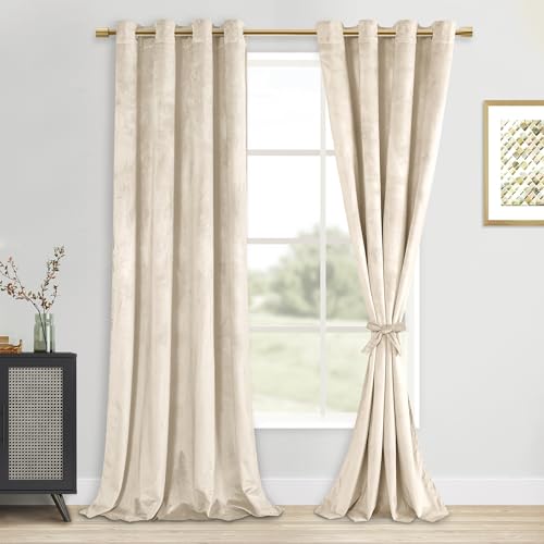 DWCN Beige Velvet Curtains 90 inches Long - Thermal Insulated Room Darkening Tieable Grommet Curtains & Drapes Warm Soft Privacy Drapes for Bedroom/Living Room/Farmhouse Style Decor W52 x L90