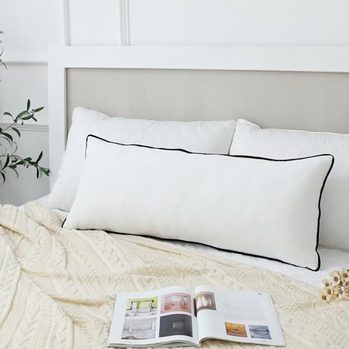 LIGICKY Long Lumbar Pillow Cover 16x36 inch White Velvet Black Rope Edging Throw Pillow Covers Decorative Rectangular Body Pillow Case Accent Textured Cushion Cover for Bed Couch