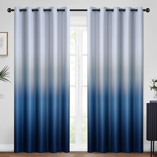 Yakamok 84 Inch Long Ombre Curtains,Thermal Insulated Light Blocking Greyish White to Blue Gradient Color Curtains, Room Darkening Grommet Window Drapes for Living Room/Bedroom(2 Panels,62W x 84L)