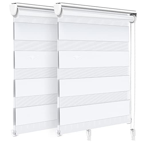 VOUNOT® Set of 2 Day and Night Blinds No Drill, Zebra Roller Blinds for Windows, Double Layer Translucent and Blackout Fabric, Easy Installation Window Shades, White, 80 x 150 cm
