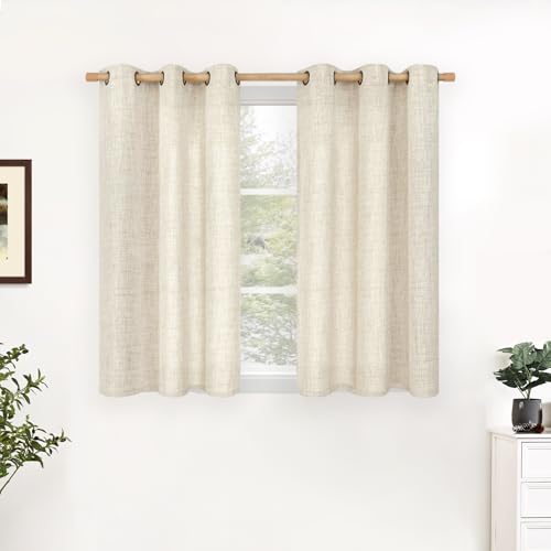 YoungsTex Linen Kitchen Window Curtains 48 Inch Length with Grommet, Short Light Filtering Drapes Semi Sheer Privacy for Bathroom Cafe Window, 34 x 48 Inch, 2 Panels