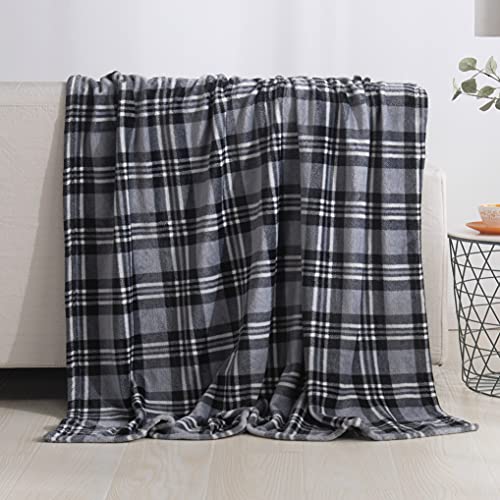 Elegant Comfort Luxury Velvet Super Soft Christmas Prints Fleece Blanket-Holiday Theme Home Décor Fuzzy Warm and Cozy Throws for Winter Bedding, Couch and Gift, 50 x 60 inch, Gray Plaid Throw