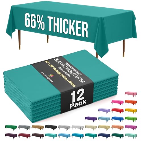 Exquisite 66% Thicker Premium Plastic Table Cloth Rectangle Table Cover 0.5 Mil 12 Pack Teal Table Cloth 54 Inch x 108 Inch reusable Tablecloth Won't Tear Easily Like Cheap Thin Brands
