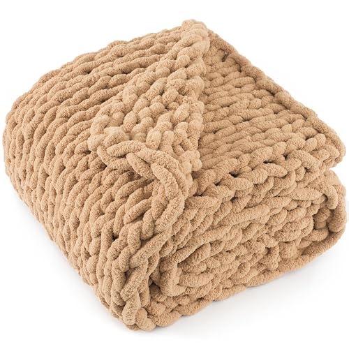 "LONG CREATE Chunky Knit Throw Blanket 50""X 60"", 100% Handmade with Soft Chenille Yarn, 4.4lbs Thick Cable Knitted Blankets, Large Rope Knot Crochet Throws for Couch Sofa Bed Home Decor, Tan Brown"