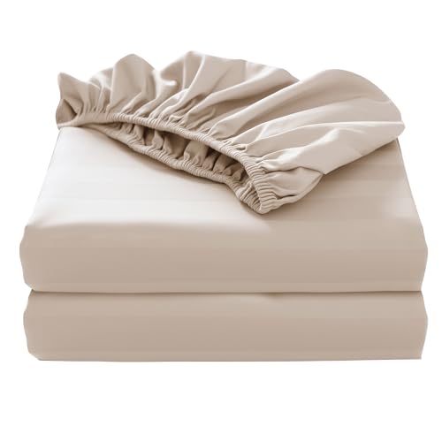 "2-Pack Pure Cotton Bottom Sheet King Size, 600 Thread Count 16"" Deep Pocket Egyptian Cotton Fitted Sheet (2-Pack, King, Stripted Beige)"