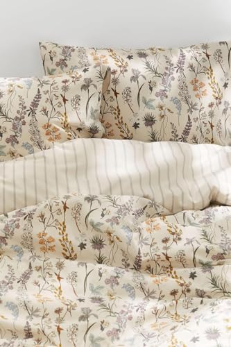 CCoutueChen Floral Duvet Cover Queen 3 Pieces Aesthetic Reversible Striped Bedding Set Farmhouse Botanical Flowers Design Soft Washed Microfibre,1 Beige Duvet Cover with 2 Pillowcases