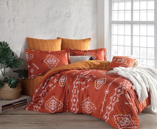 Nuit Des R??ves Ranforce Double Duvet Cover Set (200 x 200 cm), 100% Cotton, Orange & White - 2 Pillowcases (80 x 80 cm) - Machine Washable, Elegant Design