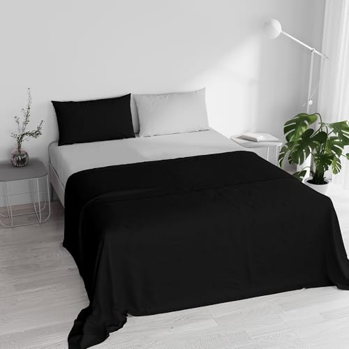 Double Bed Sheet Set, 100% Natural Cotton, Made in Italy – Complete Bed Set, Fitted Sheet, Top Sheet 240 x 300 cm and Pillowcases with Inner Flap, Black/Light Grey