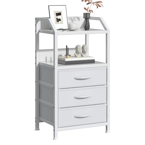 Feonase Bedside Table 40cm Wide with 3 Fabric Drawers & Open Shelf Suitable For Bedroom Bed Side Tables, Sofa Side Tables, and Small Living Room Spaces White