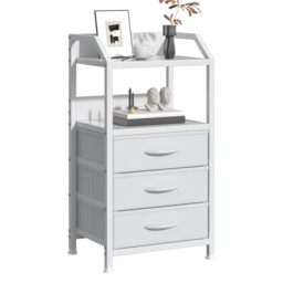Feonase Bedside Table 40cm Wide with 3 Fabric Drawers & Open Shelf Suitable For Bedroom Bed Side Tables, Sofa Side Tables, and Small Living Room Spaces White