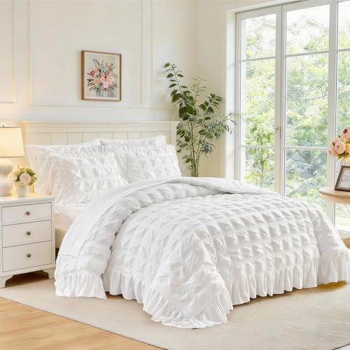 Flysheep White Plaid Seersucker Comforter Set with Ruffled Fringe King Size, 3 Pieces Soft Fluffy Farmhouse Bedding Set for All Season, Elegant Bed Set with Ruffle Shams (White, King)