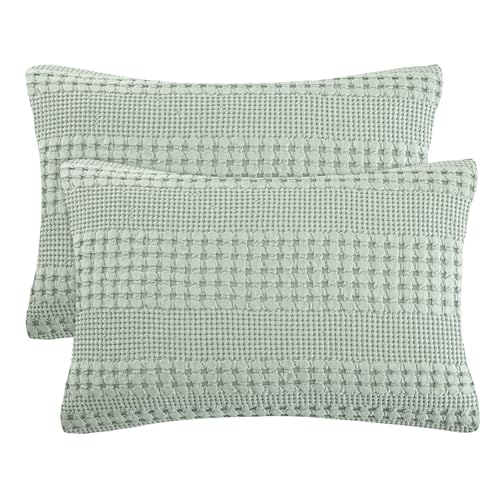 "PHF 100% Cotton Waffle Pillow Shams Standard Size, 2 Pack 20"" x 26"" Soft Skin-Friendly Pillowcases, No Filling, Aesthetic Woven and Breathable Waffle Weave Pillow Case Covers for Bed, Mint Green"