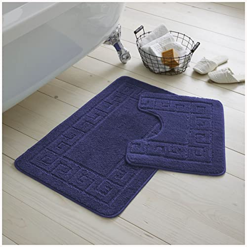 GC GAVENO CAVAILIA 2 Piece Washable Bathroom Mat, Extra Absorbent Anti Slip Bath Mats, Super Soft Toilet Rugs Set, Navy, (50x80, 50x40 cm) Regular