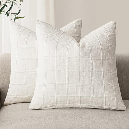 Foindtower Decorative Pillow Covers Linen Checked Neutral Accent Pillowcases Modern Farmhouse Style Boho Home Decor for Sofa Chair Couch Bedroom Living Room Outdoor Set of 2