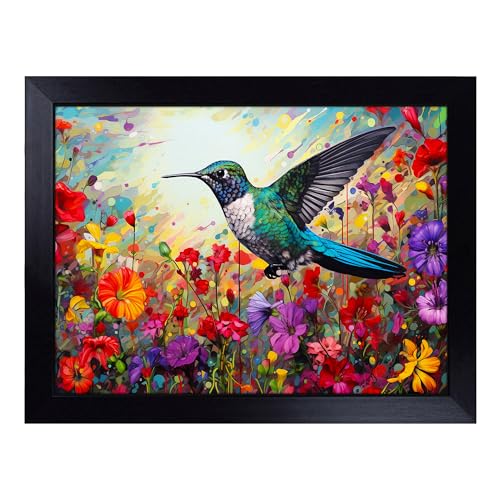 Lap Tray with Bean Bag Cushion, Hummingbird Colour Field - Handmade in the UK, Raised Wooden Edge, Padded Cushion, Heat-Resistant Wipe-Clean Surface, for Meals, Laptops and Crafts