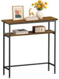 VOUNOT® Narrow Console Table, 2- Tier Slim Metal Frame Entryway Table, Small Sofa Side Table with Storage Shelf for Hallway, Living Room or Bedroom, 80x24x80 cm, Brown
