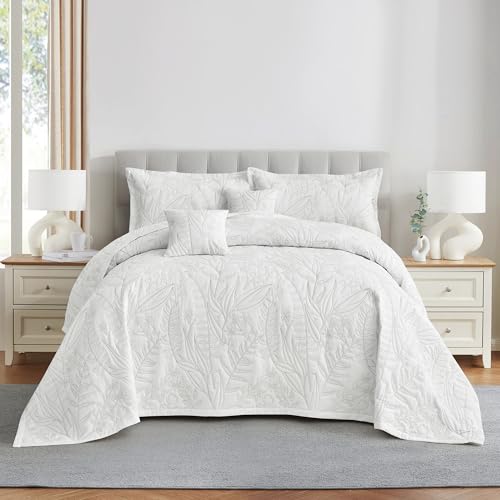 HZ & HY Oversized King Bedspread, Botanical, White/Taupe - Generous Coverage, 5-Piece Quilt Set, Lightweight Reversible Coverlet, Stitched Leaf, King/Cal King