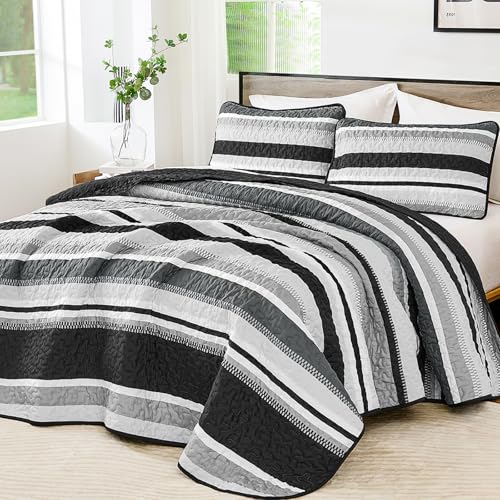 "WONGS BEDDING Queen Quilt Bedding Set, 3 Pieces Black Striped Bedspread Coverlet Set, Lightweight Summer Quilts Queen Size for Bed 96""x90"""