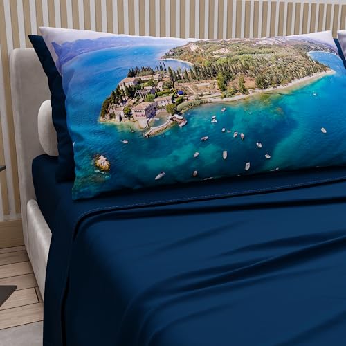 PETTI ARTIGIANI ITALIANI - Cotton Sheet Set for Single and Half French Beds with Pillowcases and Fitted Sheet 140 x 200 cm, Night Blue Garda Design, 100% Made in Italy