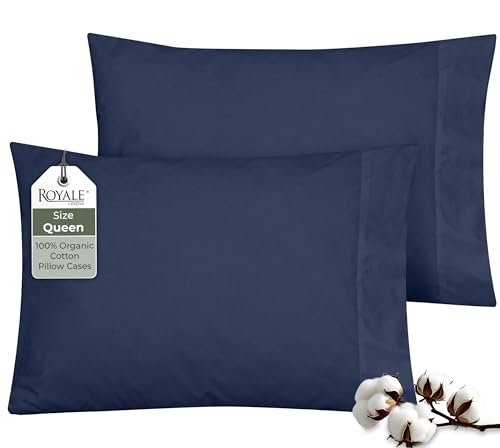 "ROYALE LINENS 100% Organic Cotton Percale Pillowcases Set of 2 - Queen Size Percale Pillowcase - Queen Set of 2 Pillow Cover - Breathable, Cool & Crisp Navy Pillow Cases (20""x30"", Navy)"