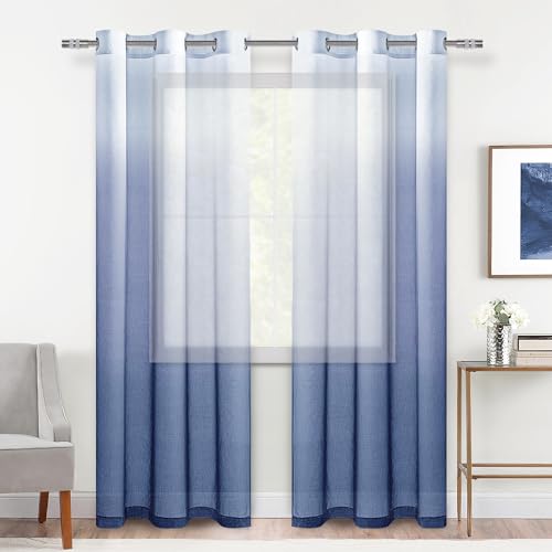 DWCN Ombre Sheer Curtains - Faux Linen Gradient Semi Voile Grommet Top Drapes Bedroom and Living Room Curtains, Set of 2 Window Curtain Panels, 42 x 84 Inch Length, Denim Blue
