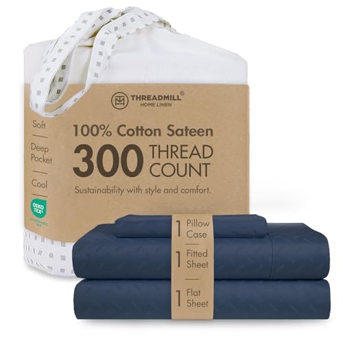 Threadmill Cotton Twin Sheet Set - 100% Cotton Sheets for Twin Size Bed - Damask Jacquard Sateen Twin Bed Sheets Set with 16??? Deep Pocket - Soft Breathable 3-Piece Cooling Sheet Set - Folkstone Blue