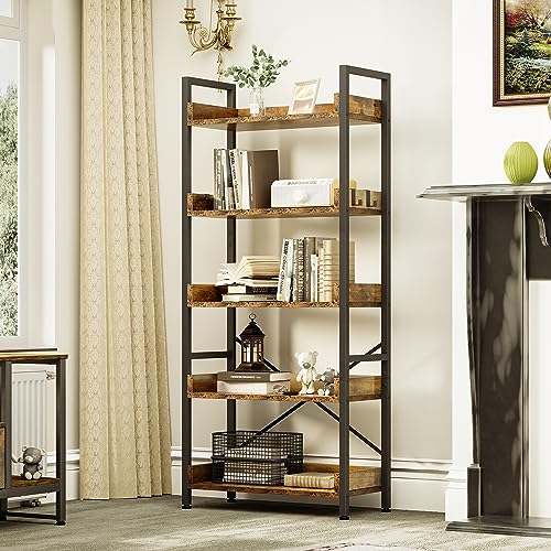 YITAHOME Bookcase 5 Tiers, Floor Standing Book Shelf, Wooden Shelvs and Stable Steel Frame Shelving Units with 4 Hooks Industrial Storage for Living Room, Home Office, Rustic Brown Book Case