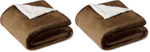 Amazon Basics Reversible Sherpa Fleece Sofa Throw Blanket, Soft Bed Throw, 127 x 152 cm, Brown (Pack of 2)