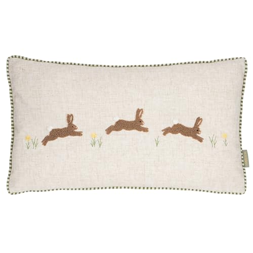 furn. Wylder Ramble Hares Feather Filled Cushion – Rustic Country Velvet Tufted Decorative Pillow (Sage – 30x50cm)