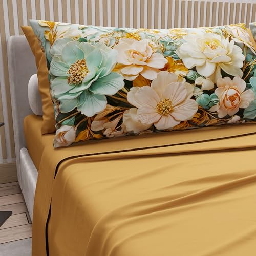 PETTI Artigiani Italiani - Cotton Sheets with Pillowcases in Digital Print, French Quarter, Complete Top and Bottom Sheet with Corners, Floral 05 9 Ochre Yellow, 100% Made in Italy