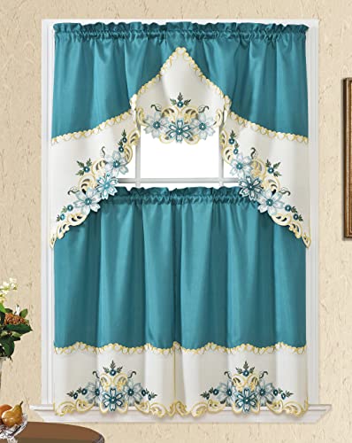 GOHD Arch Floral Kitchen Curtain Set,Floral with cutworks,Turquoise