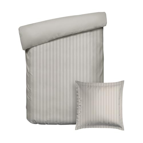 Pure Cotton 2-Piece Single Bed Set - Duvet Cover 135 x 200 cm and Pillowcase 80 x 80 cm - 100% Cotton Satin, Dobby Stripes, 200 Thread Count 120 g/m² - Oeko-Tex Certified - Dobby - Taupe