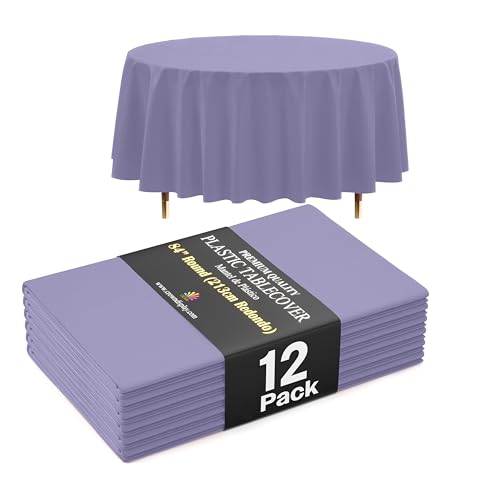 Exquisite 66% Thicker Premium Lavender Round Tablecloth 0.5 Mil 12 Pack Plastic Table Cloth reusable 84 Inch Round Plastic Tablecloth Won't Tear Easily Like Cheap Thin Brands