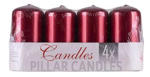 Donau Home Set of Candle Pillar Standard Varnish/Paraffin Candle 50 x 100 mm / 4 Pieces/Red Metallic Gloss/Table Candles for Decoration/Decorative Candles