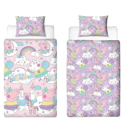 Peppa Pig Official Single Bed Duvet Cover Set - Bedtime Design Reversible 2 Sided Pink and Lilac Bedding Including Matching Pillow Case
