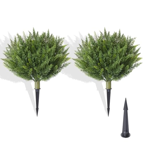 "15.7"" Fake Shrubs, Artificial Cedar Ball Tree Plant, 2 Packs of Fake Cedar Outdoor shrubs with Ground Spike, UV Resistant Fake shrubs, Used for Indoor and Outdoor Front Porch Gardens"