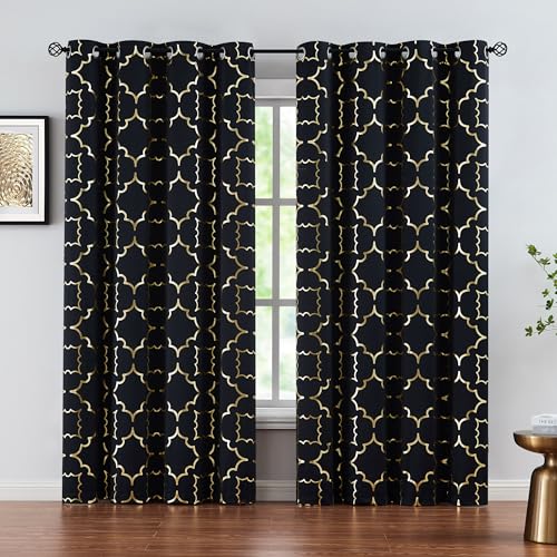 Blackout Curtains for Bedroom, Gold Foil on Black Curtains 90 Inches Long Curtains for Living Room Metallic Moroccan Print Drapes, Energy Efficient Window Treatments Grommet Top 2 Panels