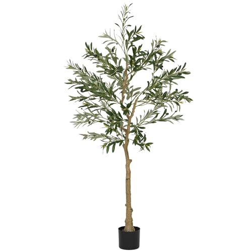 HOMCOM 5ft/ 150cm Decorative Artificial Plant, Silk Olive Tree with 720 Leaves and 32 Olive Fruits in Pot, Fake Plant for Home, Office, Living Room, Indoor Decor