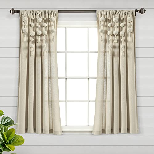 "Lush Decor Boho Pom Tassel Window Curtain (Single Panel), 63"" Long x 52"" Wide, Dark Linen"