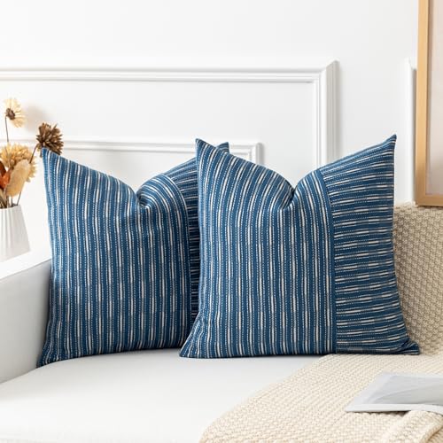 Kevin Textile Dark Blue and Beige Farmhouse Striped Patchwork Linen Decorative Throw Pillows Covers 18x18, Set of 2, Modern Accent Square Cushion Covers for Couch Chair Bedroom Fall Decorations