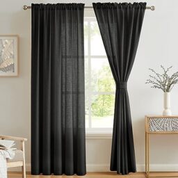 Melodieux 2 Panel Faux Linen Voile Net Curtains Semi Sheer Rod Pocket Drapes for Bedroom, Living Room, Window - Black, 55 x 102 inch drop (140 x 260cm)