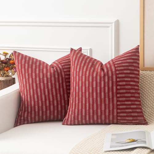 Kevin Textile Burgundy and Beige Farmhouse Striped Patchwork Linen Decorative Throw Pillows Covers 18x18, Set of 2, Modern Accent Square Cushion Covers for Couch Chair Bedroom Fall Decorations
