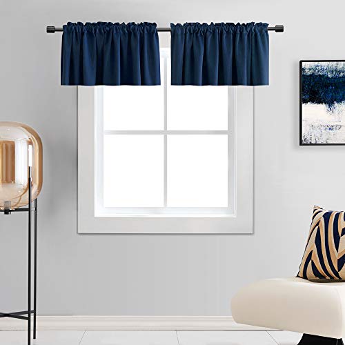 "DONREN Blackout Curtain, 18"" long, Navy Blue, for Boys' Room ??? Blackout Window Valance for Basement with Rod Pocket (42"" x 18"" length, 2 panels)"