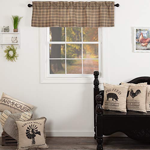 VHC Brands Tan Farmhouse Kitchen Curtains Sawyer Mill Plaid Valance Rod Pocket Cotton Hanging Loops