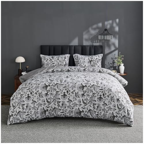 GC GAVENO CAVAILIA Botanical Leaves Pattern Bedding Double Bed Set - Easy Care Reversible Floral Comforter Bedding Set with Matching Pillowcases - Soft Polyester Long-Lasting Bed Linen, Charcoal