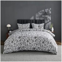 GC GAVENO CAVAILIA Botanical Leaves Pattern Bedding Double Bed Set - Easy Care Reversible Floral Comforter Bedding Set with Matching Pillowcases - Soft Polyester Long-Lasting Bed Linen, Charcoal