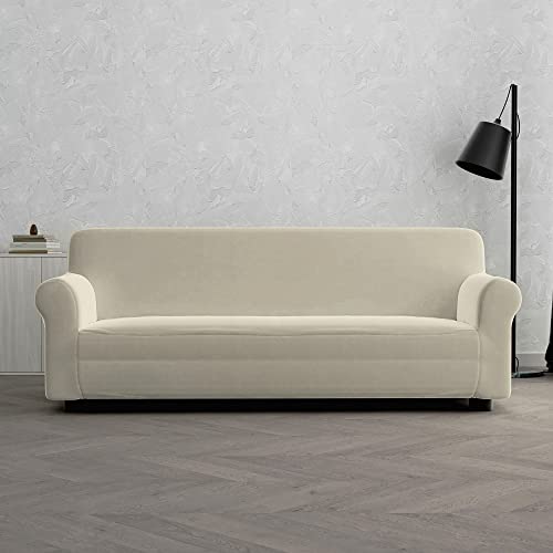 Italian Bed Linen Dahlia elastic sofa cover, 92% Polyester + 8% Elastane, Cream, 3 PLACES