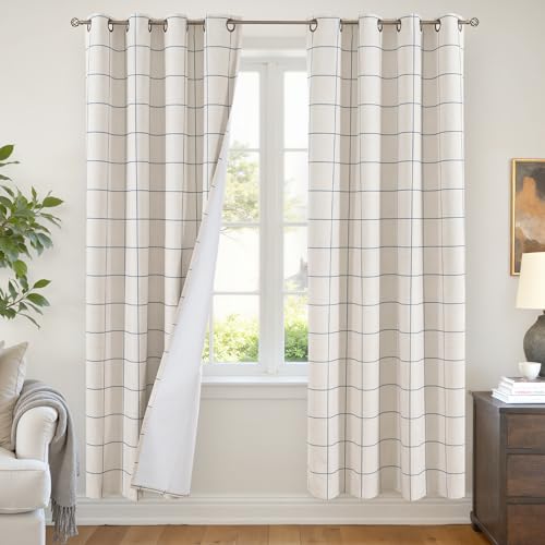 Lajode Plaid Linen Blackout Curtains for Living Room - Checkered Curtains with 72 Inch Long, Black Out Thermal Insulated Gingham Drapes with Striped Pattern for Bedroom 52x72 Inch 2 Panels, Navy